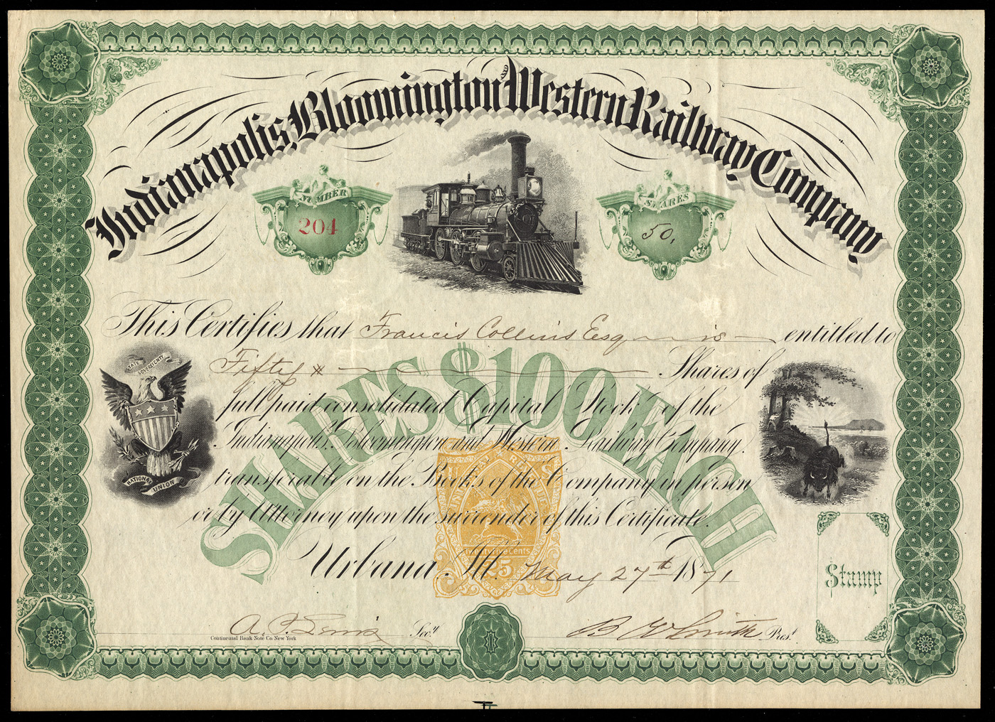 1800's Salem Rail Road Stock Certificate 